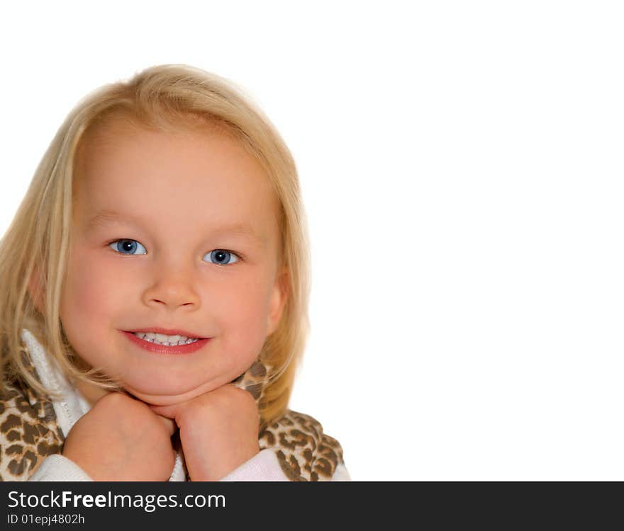 Cute young girl cuddling in a jacket. Cute young girl cuddling in a jacket