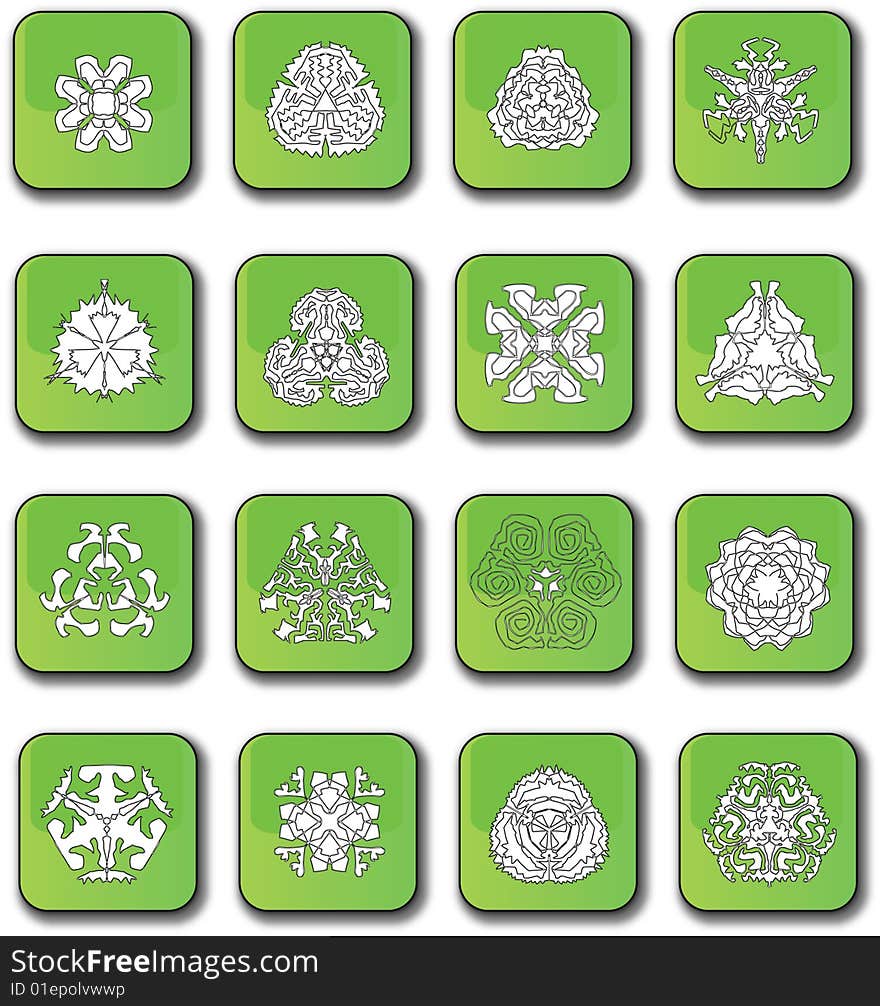 A selection of sixteen different Symmetrical snowflakes over a glossy green button/icon. Fully scalable vector illustration. A selection of sixteen different Symmetrical snowflakes over a glossy green button/icon. Fully scalable vector illustration.