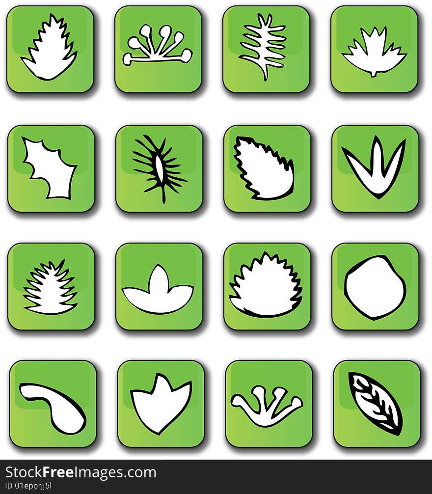 A selection of sixteen different leaf icons over a glossy button/icon. Fully scalable vector illustration. A selection of sixteen different leaf icons over a glossy button/icon. Fully scalable vector illustration.