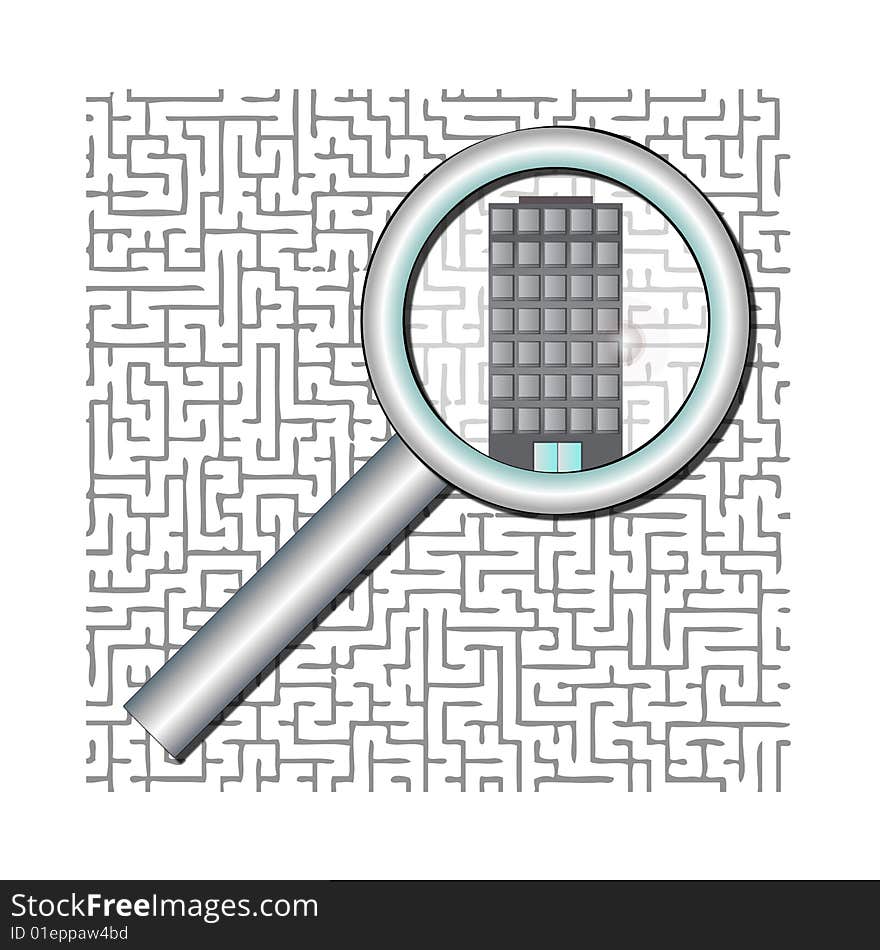 An apartment building is under a magnifying glass to symbolize being found in a maze. Fully scalable vector illustration. An apartment building is under a magnifying glass to symbolize being found in a maze. Fully scalable vector illustration.