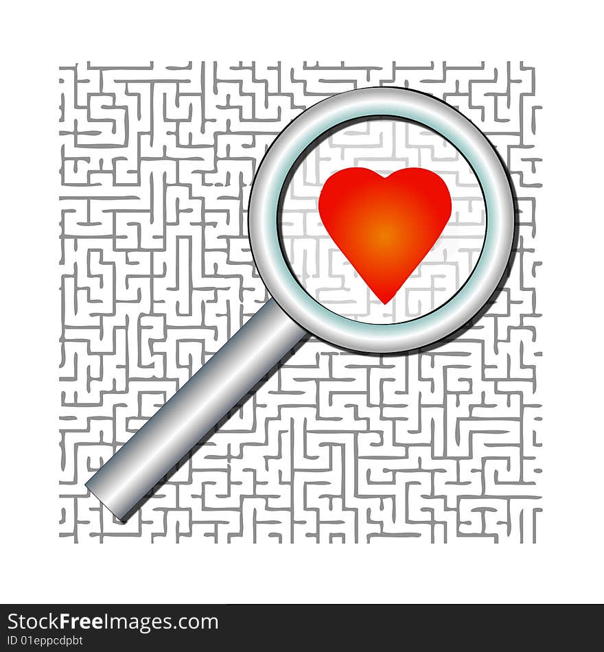 A red heart is under a magnifying glass to symbolize finding ove in a maze. Fully scalable vector illustration. A red heart is under a magnifying glass to symbolize finding ove in a maze. Fully scalable vector illustration.