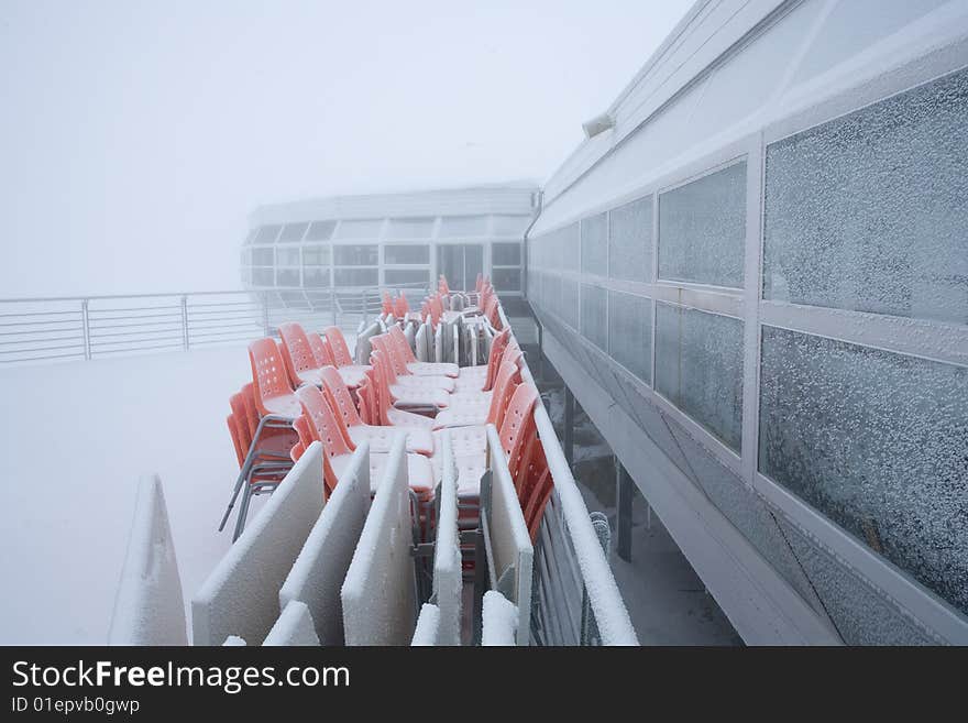 Uncomfortable weather at the mountain restaurant on the Bettmerhorn. Uncomfortable weather at the mountain restaurant on the Bettmerhorn.