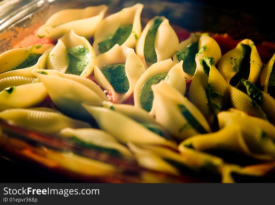 Fresh pasta shells from the oven.