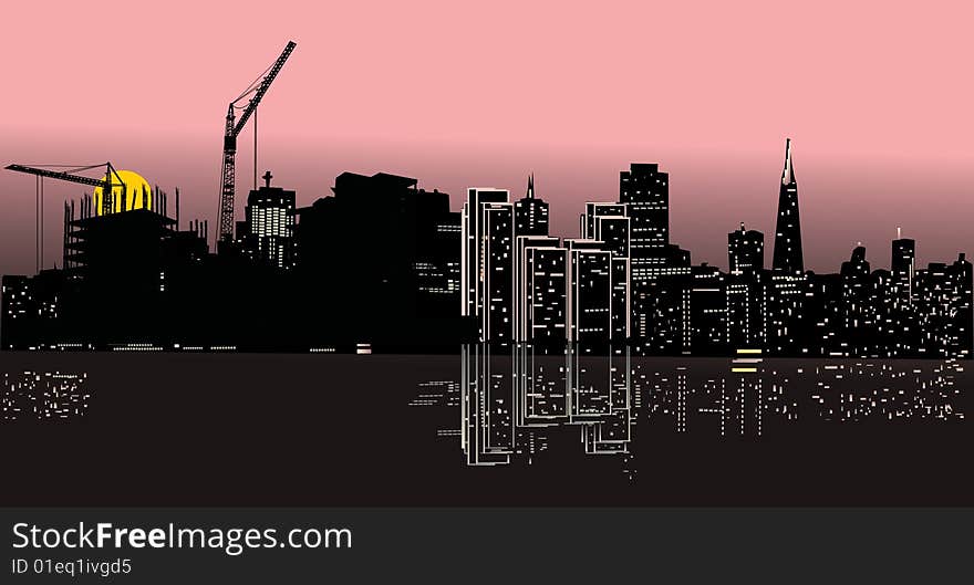 Illustration with night city with reflection silhouette. Illustration with night city with reflection silhouette