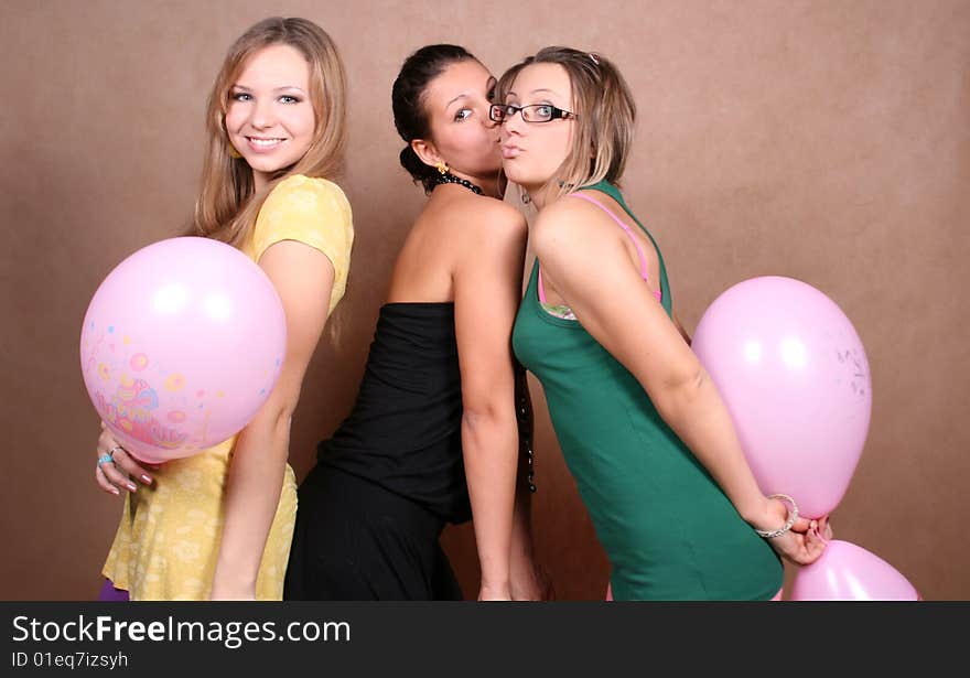 Three female frinds with balloons. Three female frinds with balloons