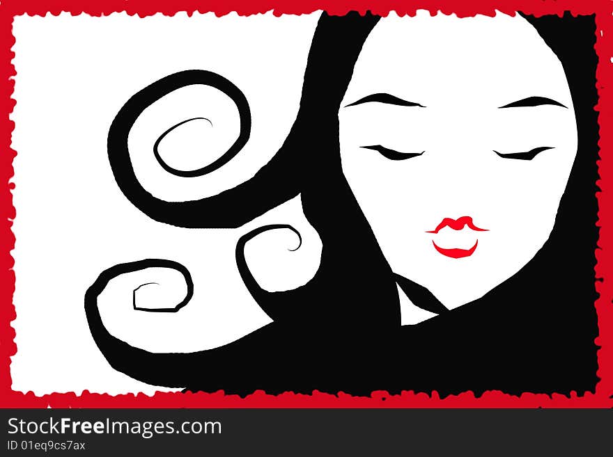 A painted face of a black-haired girl with red lipstick on her mouth, all surrounded by a red frame. Digital drawing. Coloured picture. A painted face of a black-haired girl with red lipstick on her mouth, all surrounded by a red frame. Digital drawing. Coloured picture.