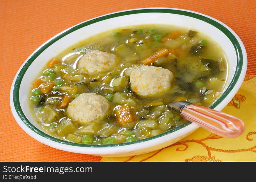 Vegetable soup with meat on plate