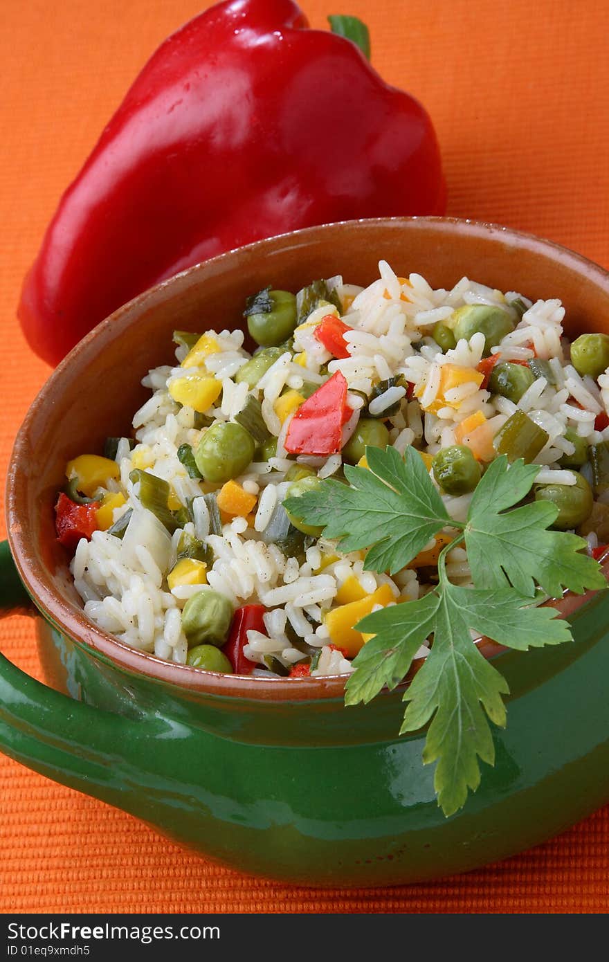 Rice with vegetable mix on plate