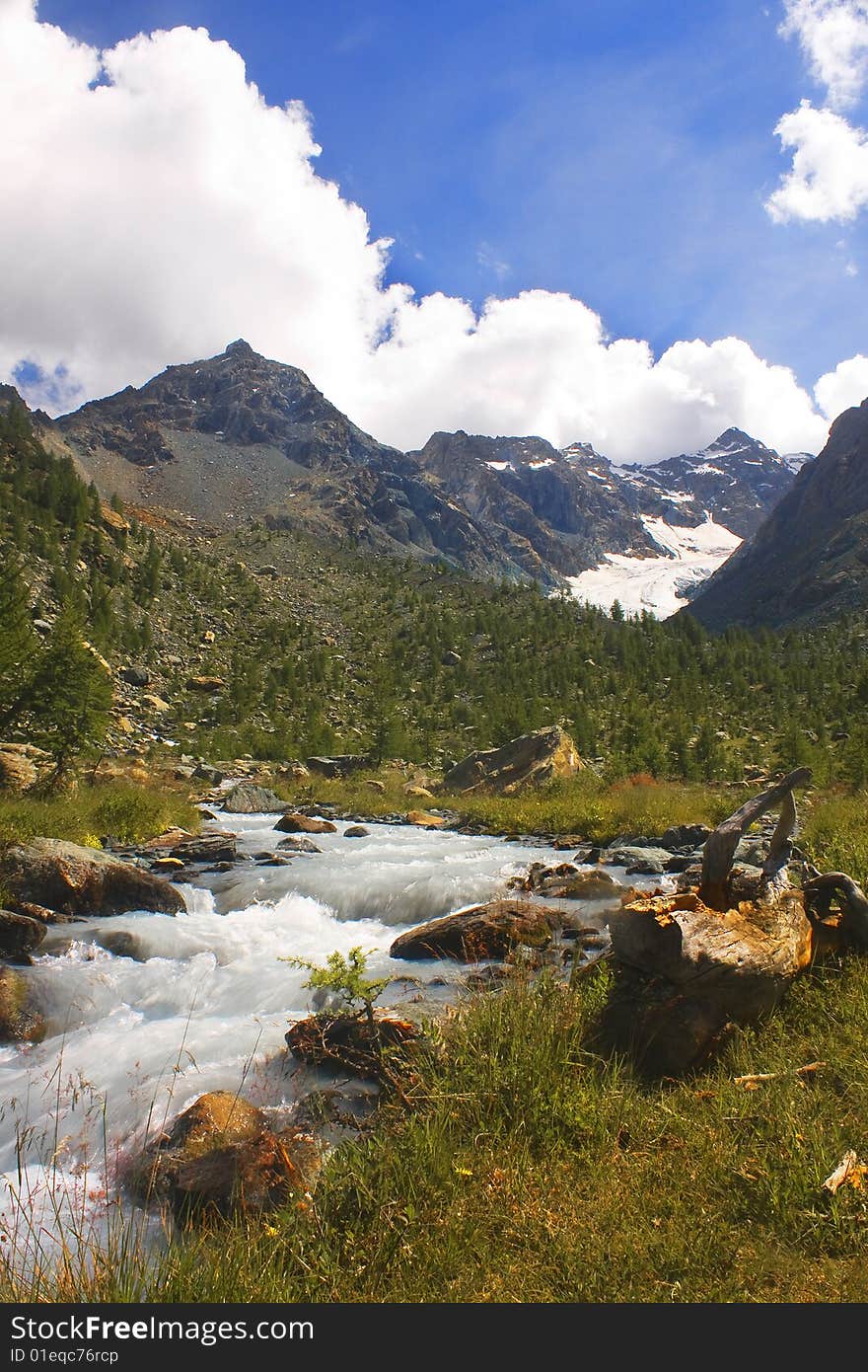 Water flowing in a mountain torrent. Water flowing in a mountain torrent