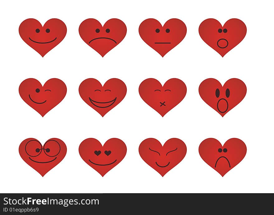 Illustrated emoticons in the shape of hearts - can be used for Valentine's Day templates. Illustrated emoticons in the shape of hearts - can be used for Valentine's Day templates