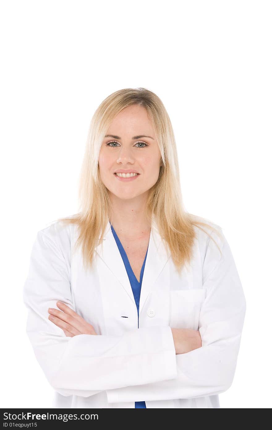 Studio shot of woman doctor isolated on white with crossed arms. Studio shot of woman doctor isolated on white with crossed arms