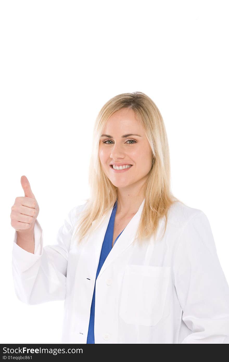 Smiling doctor with thumbs up isolated on white showing great confidence. Smiling doctor with thumbs up isolated on white showing great confidence