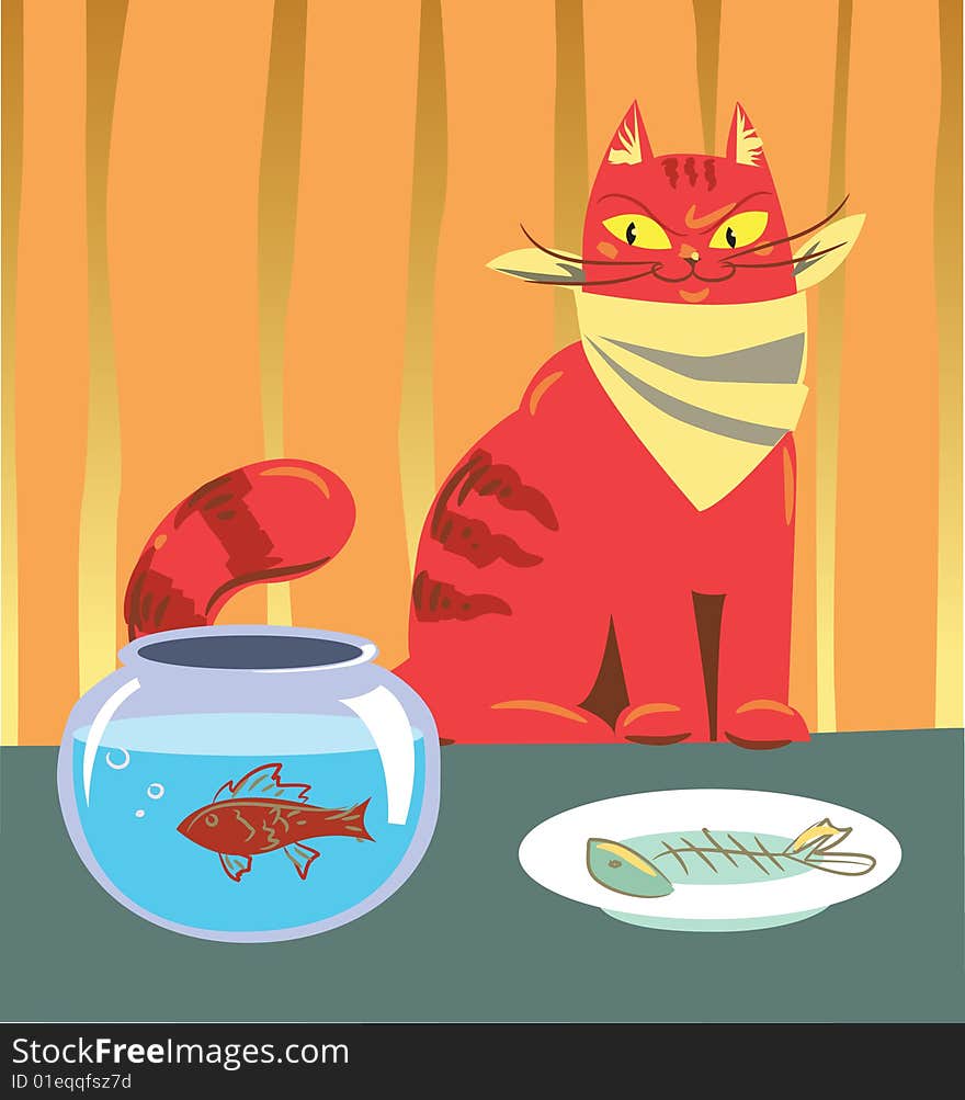 Cunning cat is sitting on dinner-table and looking at poor fish in fishbowl with hungry eye. Cunning cat is sitting on dinner-table and looking at poor fish in fishbowl with hungry eye.