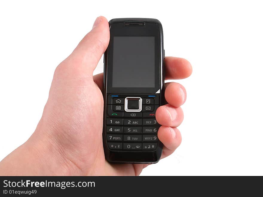 Mobile phone isolated on white. Hand is holding or pushing a button.