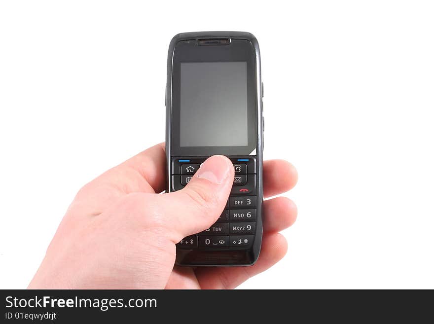 Mobile phone isolated on white. Hand is holding or pushing a button.