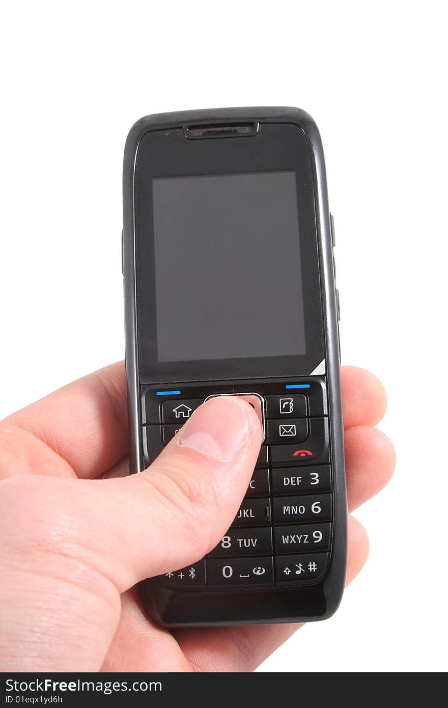 Mobile phone isolated on white. Hand is holding or pushing a button.