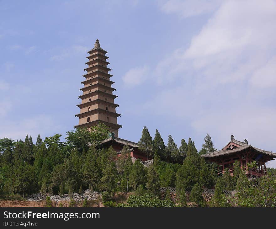 Yongji City, Shanxi Province, China universalist temple tower of Yingying.  Yongji City, Shanxi Province, China universalist temple tower of Yingying