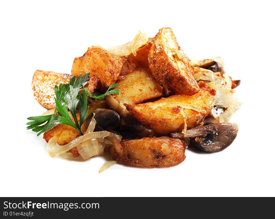 Vegetarian Baked Potatoes Served with Parsley. Isolated on White Background. Vegetarian Baked Potatoes Served with Parsley. Isolated on White Background