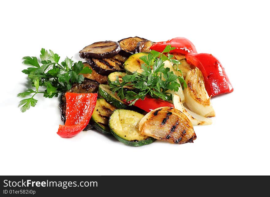 Baked Potatoes Slice with Mushrooms Served with Parsley. Isolated on White Background. Baked Potatoes Slice with Mushrooms Served with Parsley. Isolated on White Background