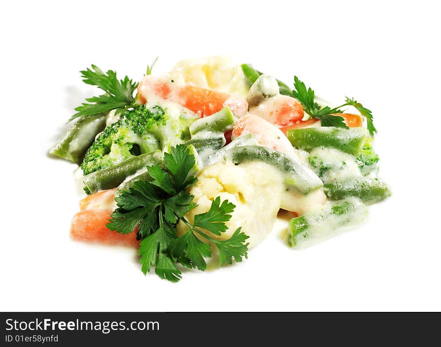 Vegetables Garnish with Bechamel Sauce Served with Parsley. Isolated over White