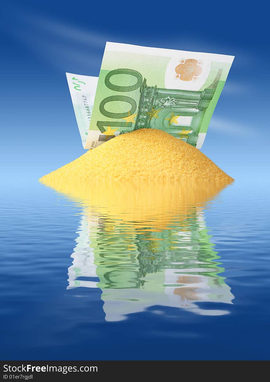 Euro money in yellow sand. Success concept. Euro money in yellow sand. Success concept.