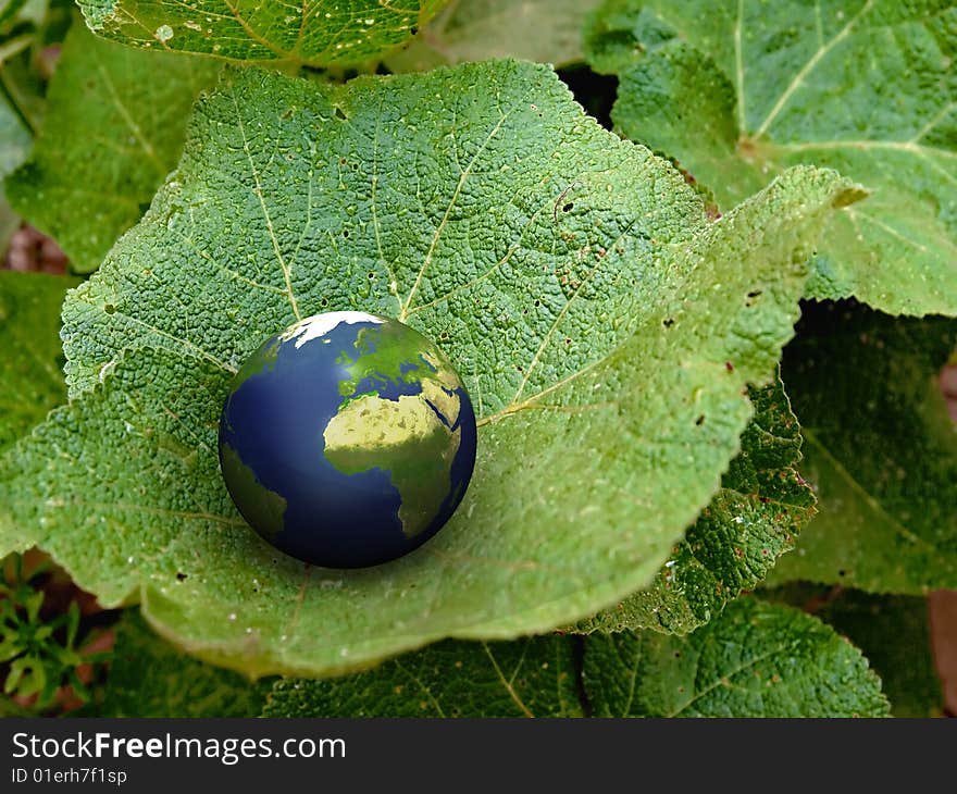 3d globe on a leaf. 3d globe on a leaf