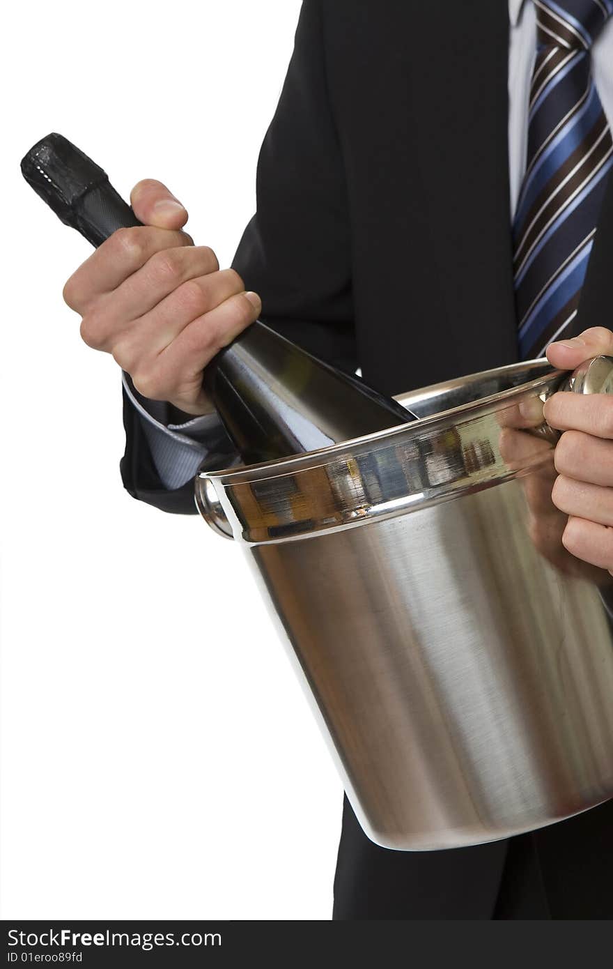 Man with suit champagne bottle in ice-pail, party on new years eve or anniversary