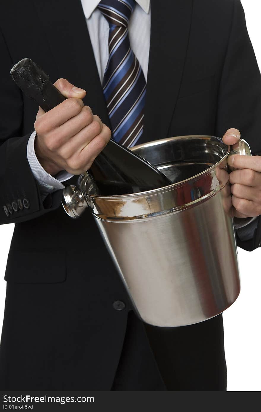 Man with suit champagne bottle in ice-pail, party on new years eve or anniversary