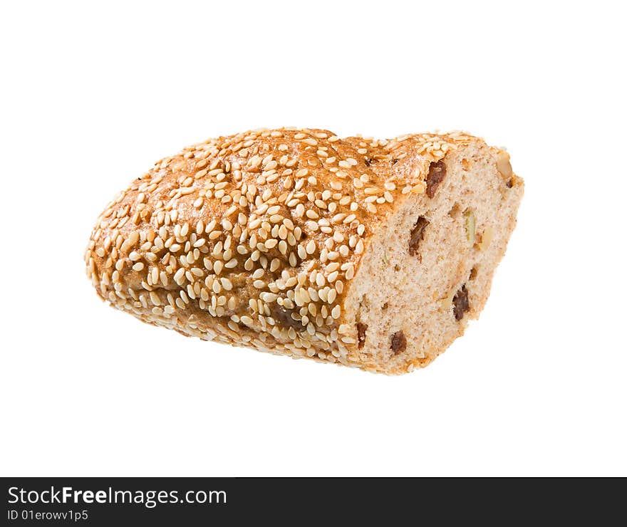 Piece of bread with raisins isolated over a white background