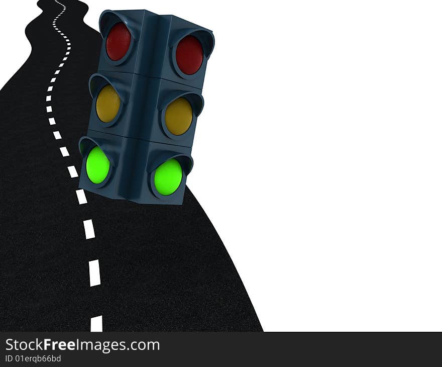 3d illustration of green traffic light and road, free way symbol