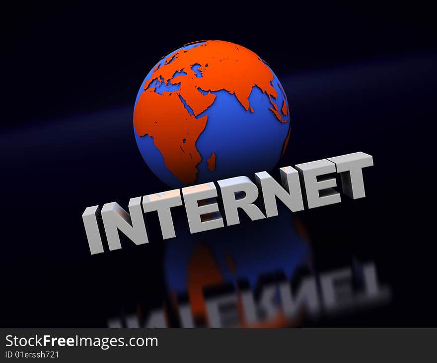 Abstract 3d illustration of 'internet' text and earth globe over black background