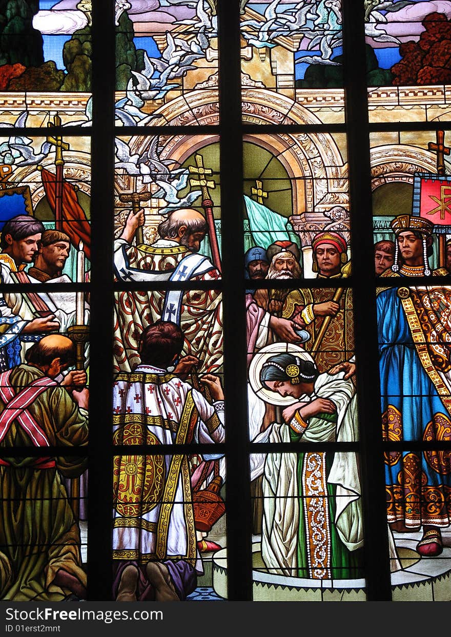 Stained-glass window in Saint Barbara catholic cathedrale