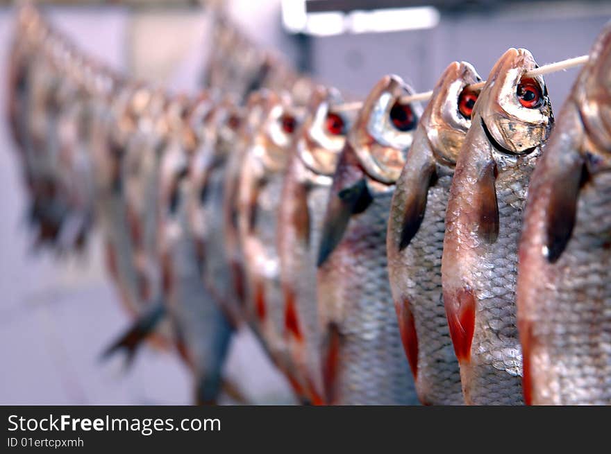 Dried roach fish on a rope. Dried roach fish on a rope