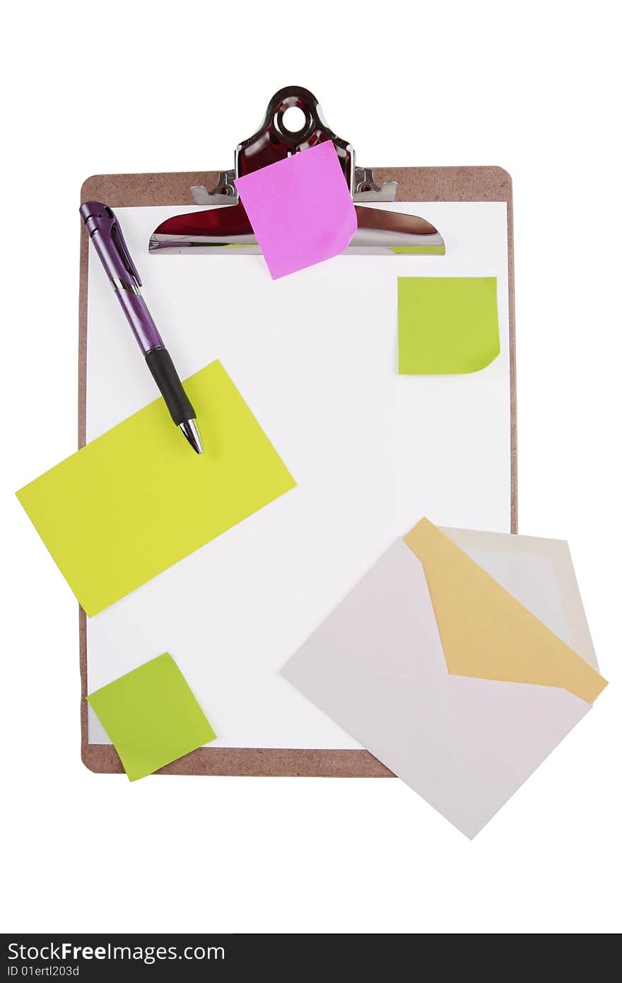 Clipboard with sticky notes and cards