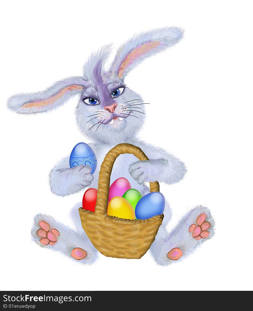 Hare-rabbit with the small basket of easter eggs. Hare-rabbit with the small basket of easter eggs.