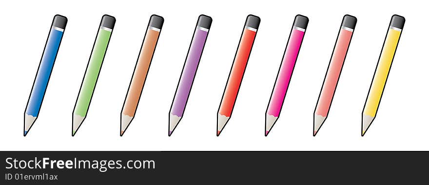 Vector illustration of eight coloring pencils aligned. Vector illustration of eight coloring pencils aligned.
