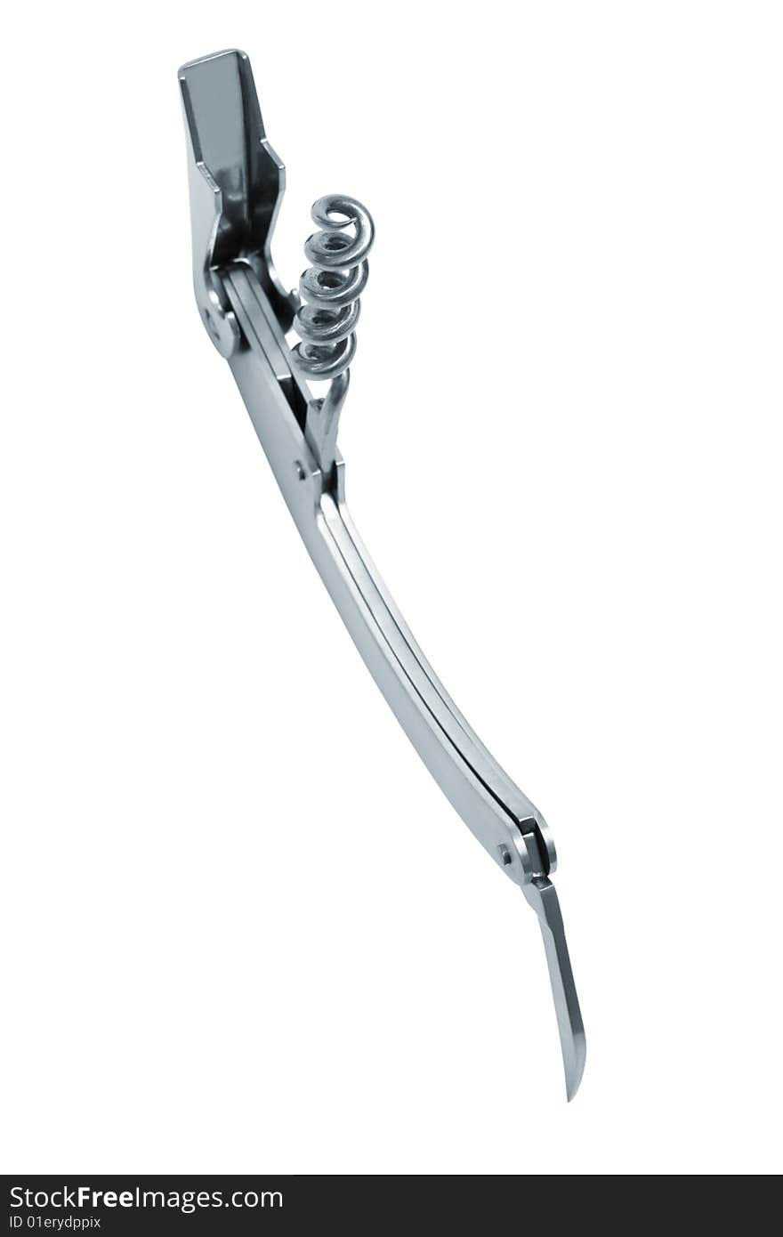 Modern metal corkscrew on a white background