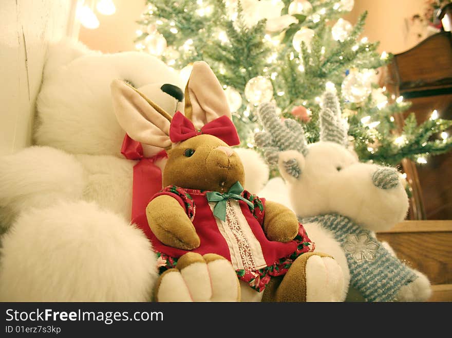 Several stuffed animals sit in front of a Christmas tree. Several stuffed animals sit in front of a Christmas tree.