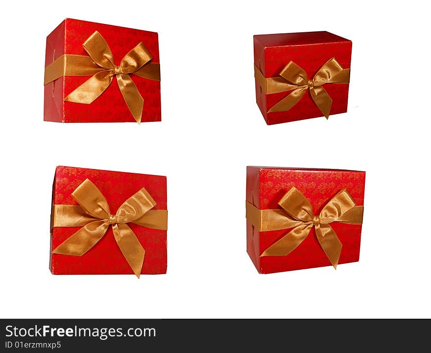 Four red gifts on a white background are isolated