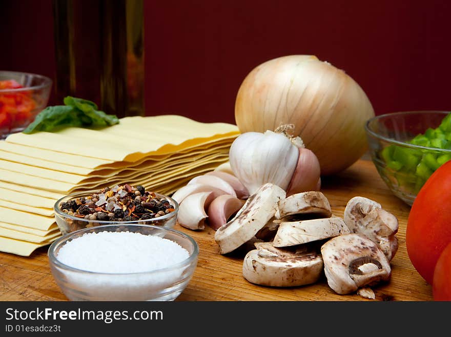 Some basic healthy ingredients for a lasagna dinner. Some basic healthy ingredients for a lasagna dinner