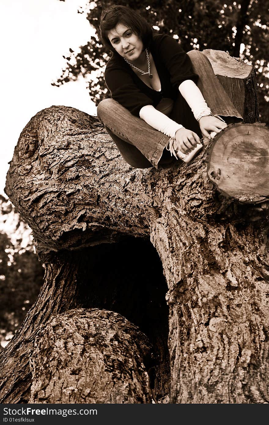 Portrait of a young female sitting on a fallen tree