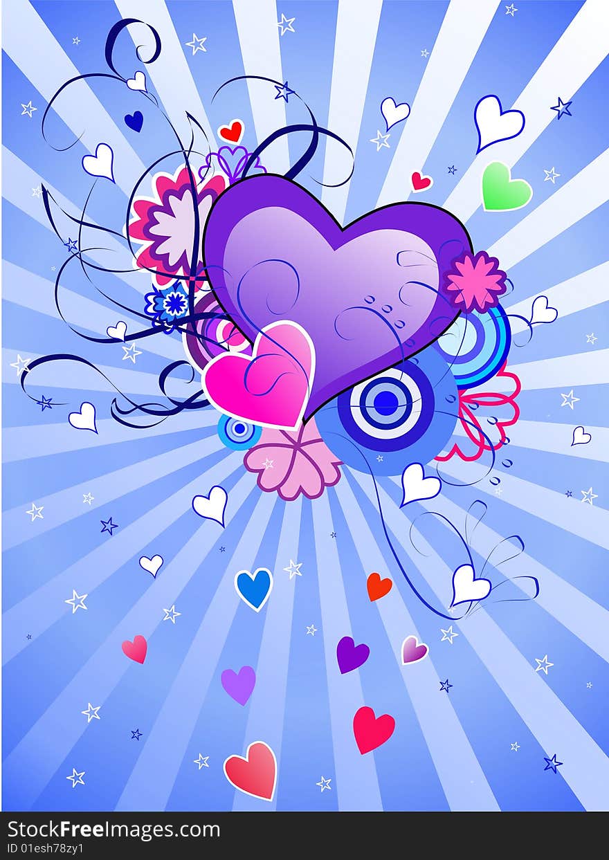Purple and pink hearts on the background with blue rays. Purple and pink hearts on the background with blue rays