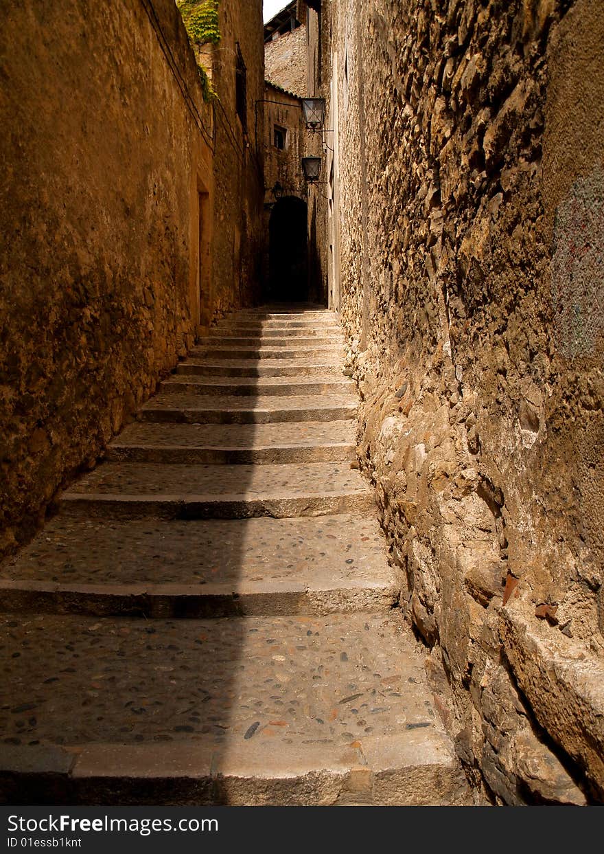 Stone stairs in old spanish town - Girona