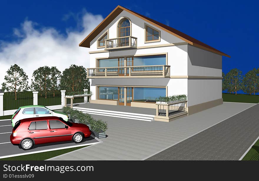 3D render of modern residential house, cars at parking space in front. 3D render of modern residential house, cars at parking space in front