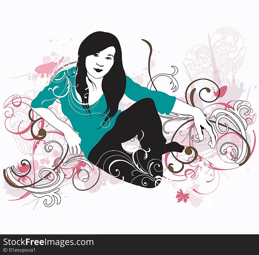 Illustration of a woman and decorative patterns