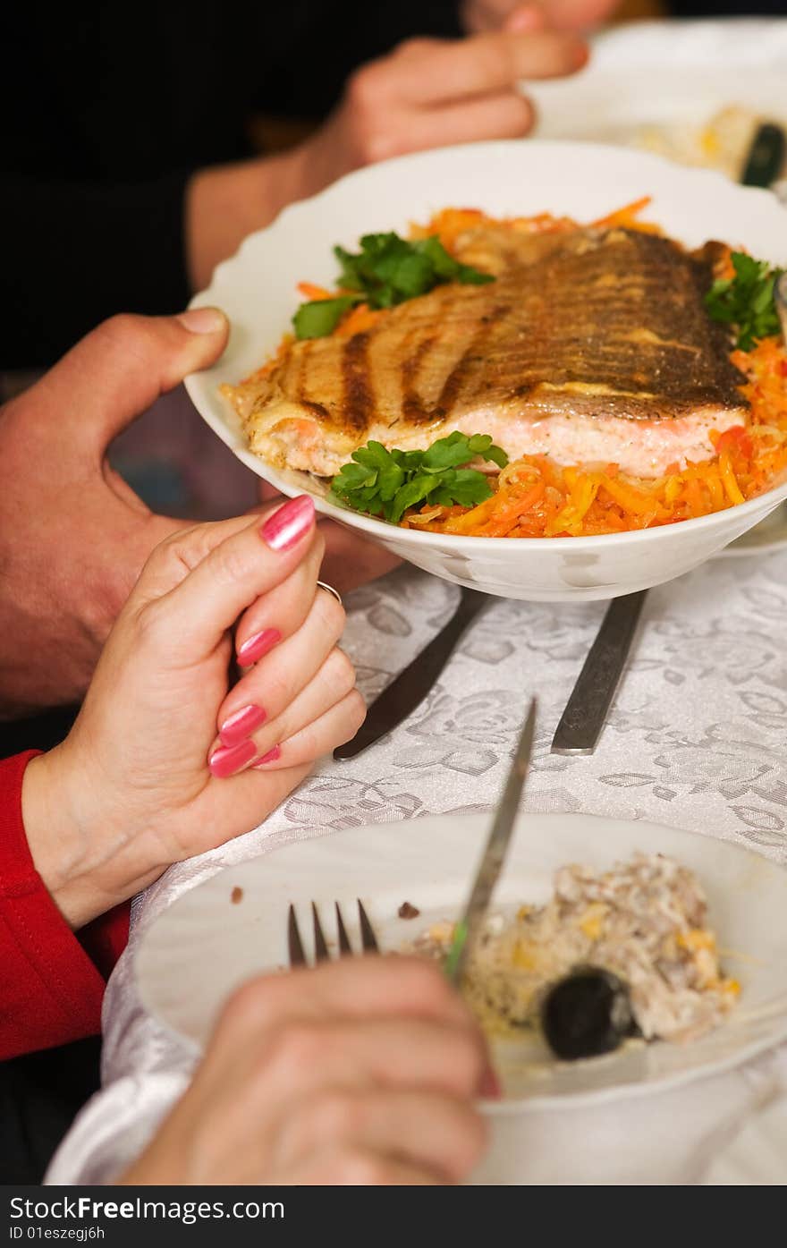 Plate With A Fried Salmon.