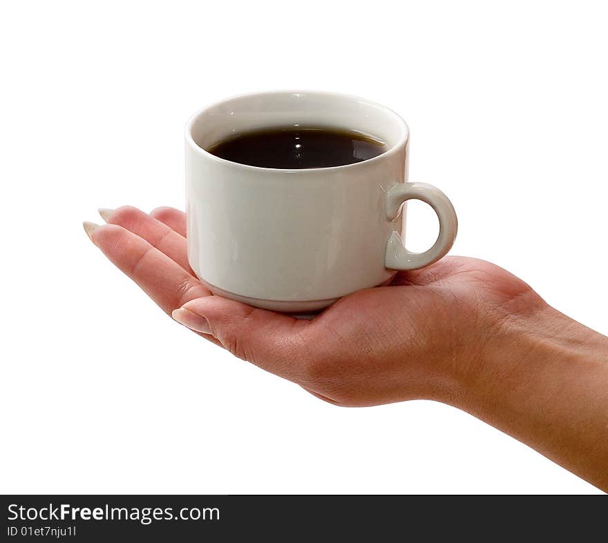 Women's hand holding a cup of coffee. Isolated on a white background, the image contains clipping path. Women's hand holding a cup of coffee. Isolated on a white background, the image contains clipping path.