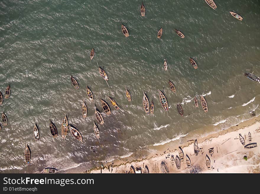 Aerial photograph fishers boats in the water in