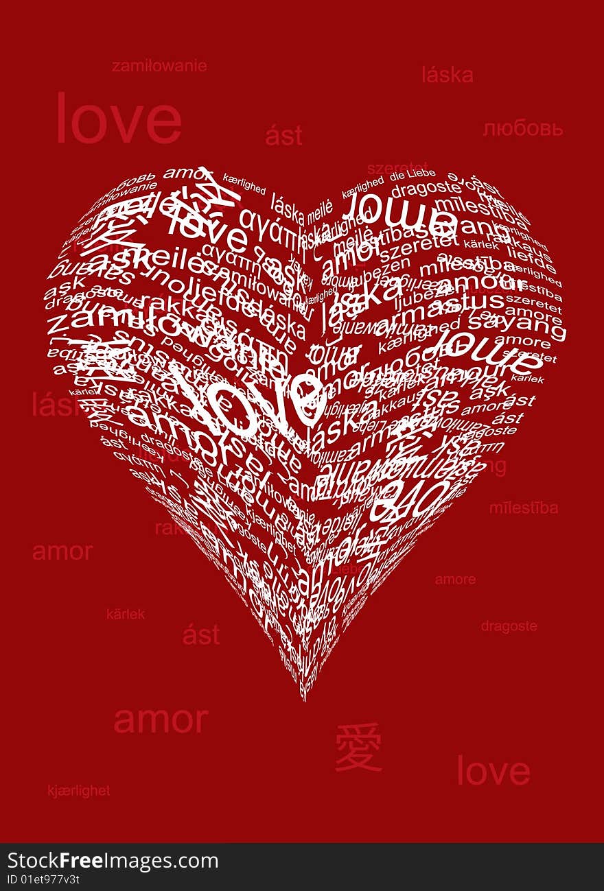 Vector illustration valentine card with word love in different languages