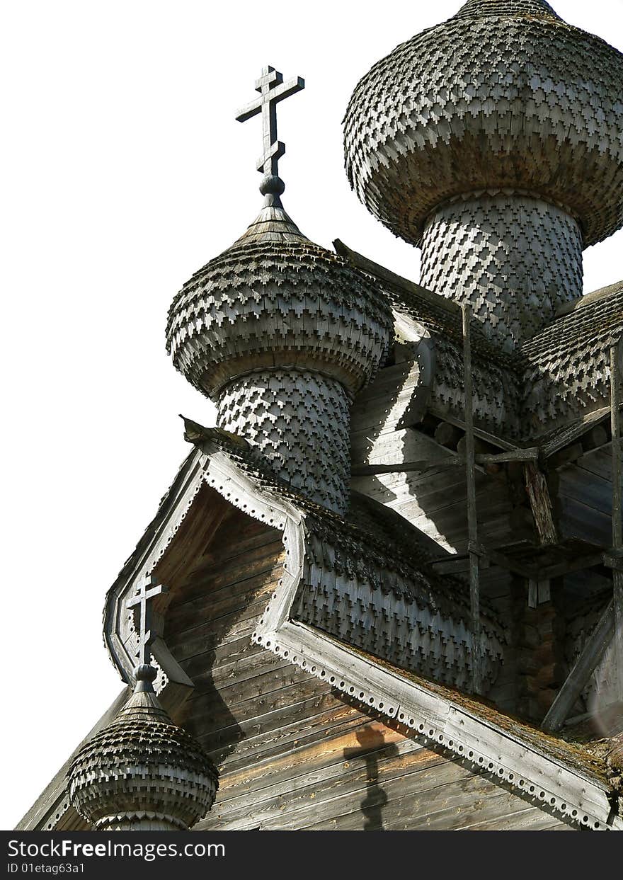 The wooden church on a white background.